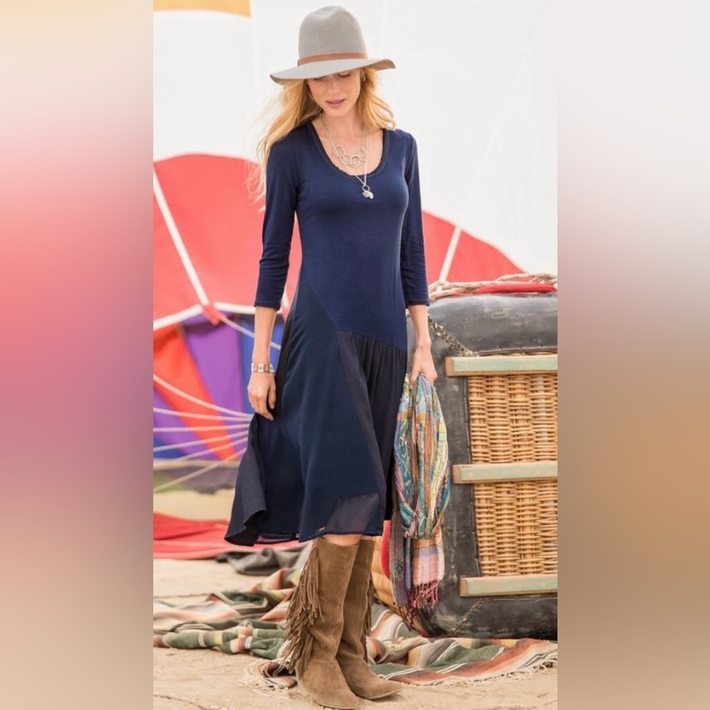 NWOT - Sundance Navy Blue jersey knit/chiffon blend dress